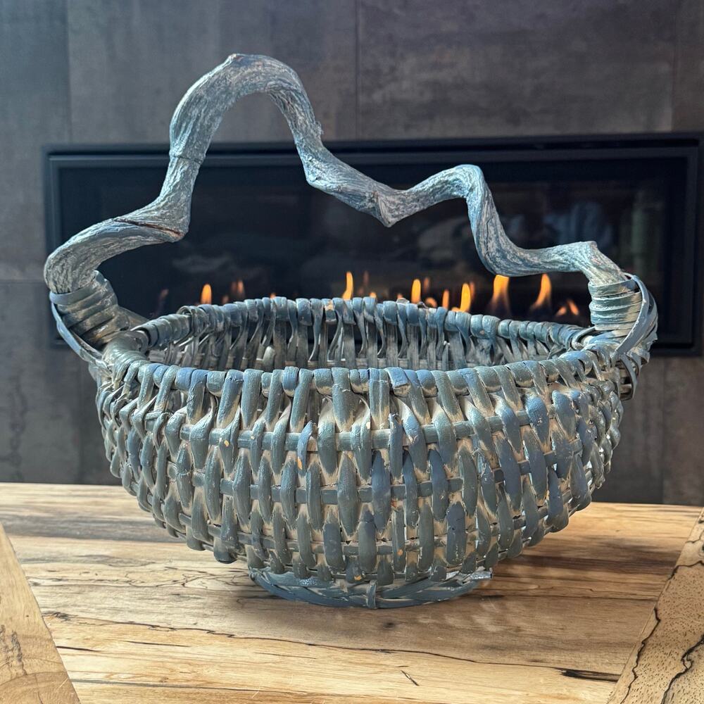 Vintage Blue Painted Wicker Gathering Basket w/ Gnarled Vine Handle, 15”